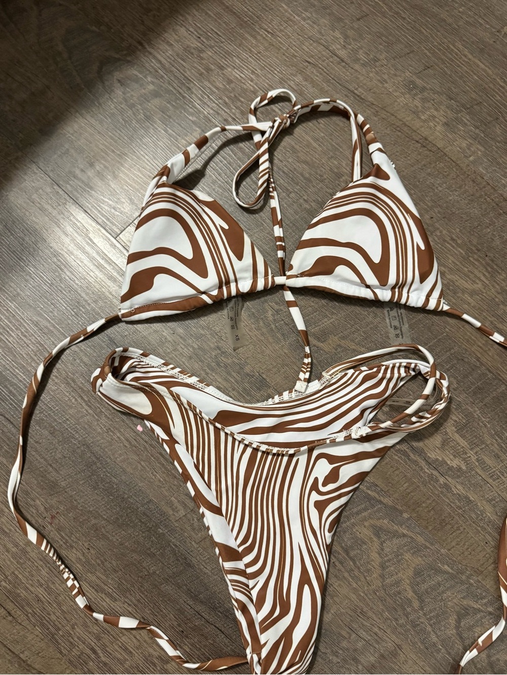 Brown & White Swirl String Bikini Set